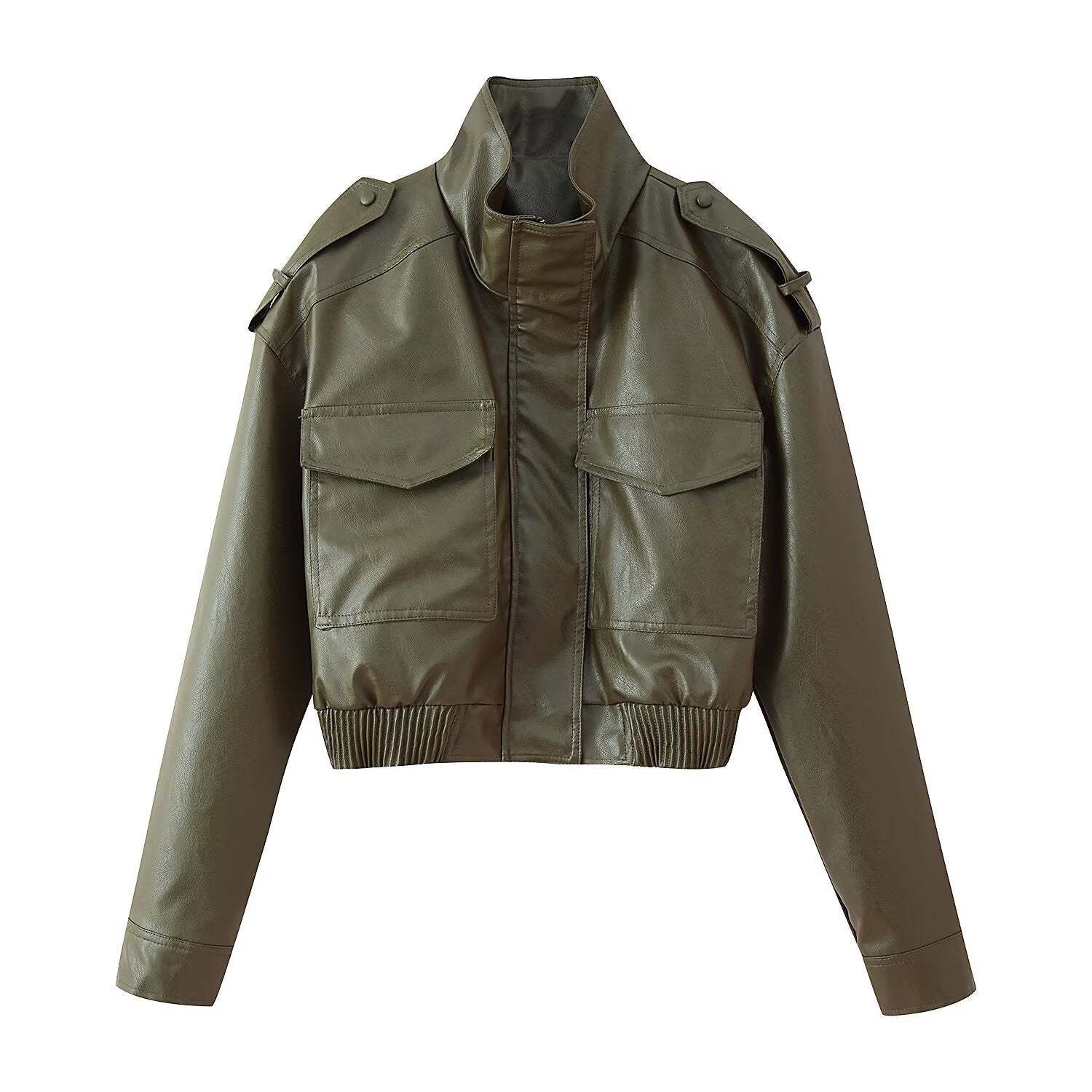 Women's Faux Leather Stand Collar Zip Bomber Jacket Black Olive - Image 2