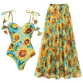 Sunflower Print One Piece Swimsuit Boho Lace Up Back Swimwear