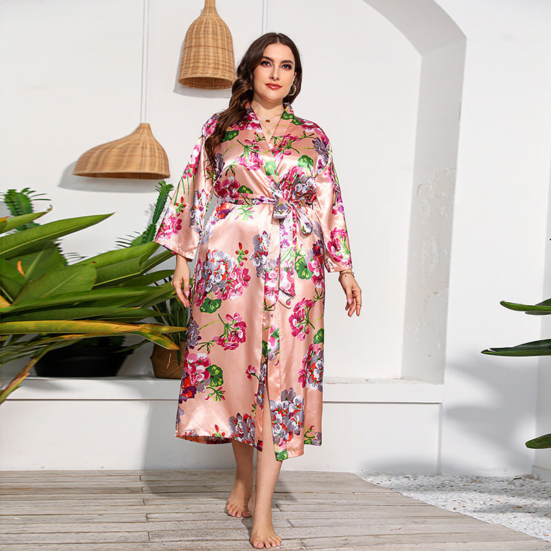 Women Leopard Print Silk-Feel Midi Robe with Belted Waist - Image 7