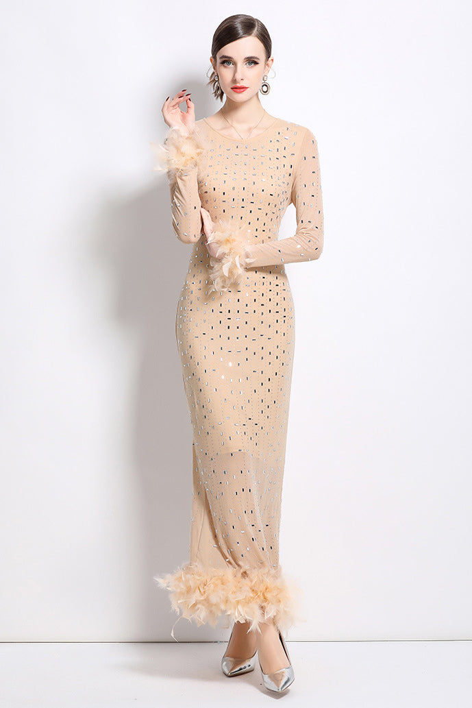 Women's Rhinestone Feather Maxi Party Dress - Bodycon Long Sleeve