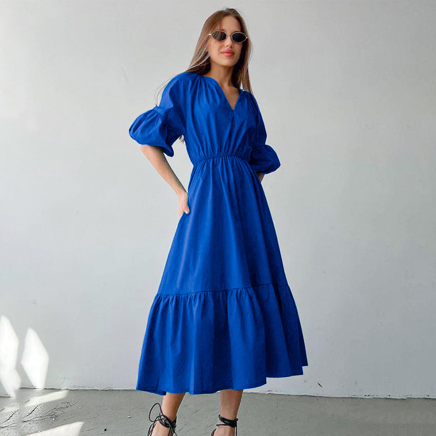 Summer Office Klein Blue Puff Sleeve High Waist A- line Dress Fashionable Simple Women Dress