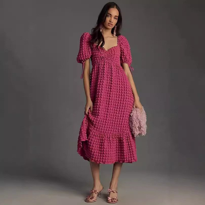 Bubble Sleeve Women Elegant Dress Long Short Sleeve French Tied Vacation Dress
