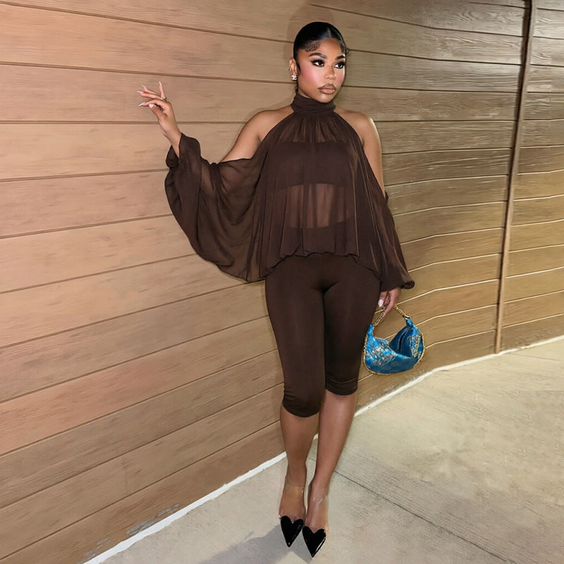 Women Clothing Autumn Winter Solid Color round Neck off the Shoulder Long Sleeve Top Tube Top Cropped Trousers Three Piece Set
