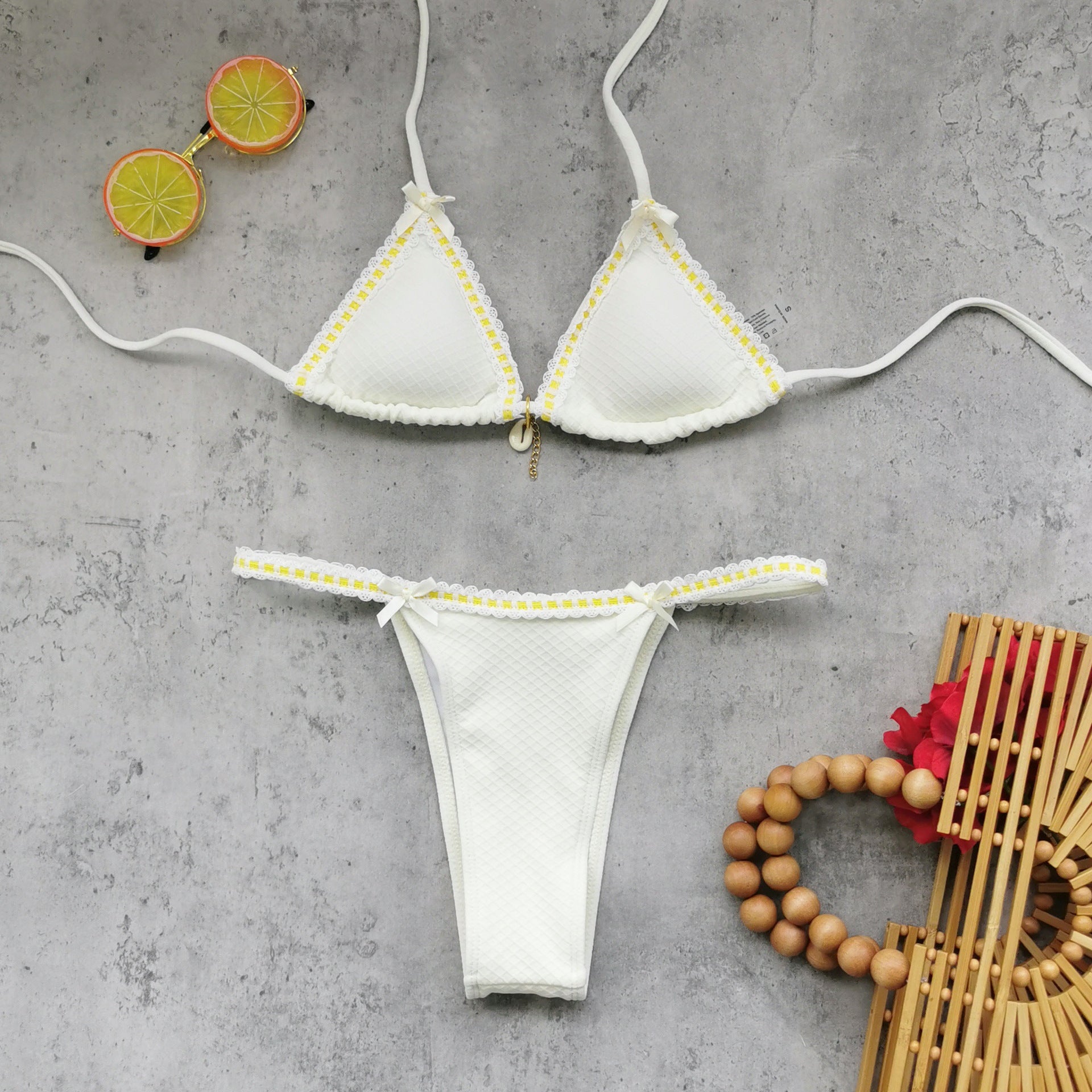 Pastel Yellow Low Waist Knit Bikini Backless V-Neck Swimsuit