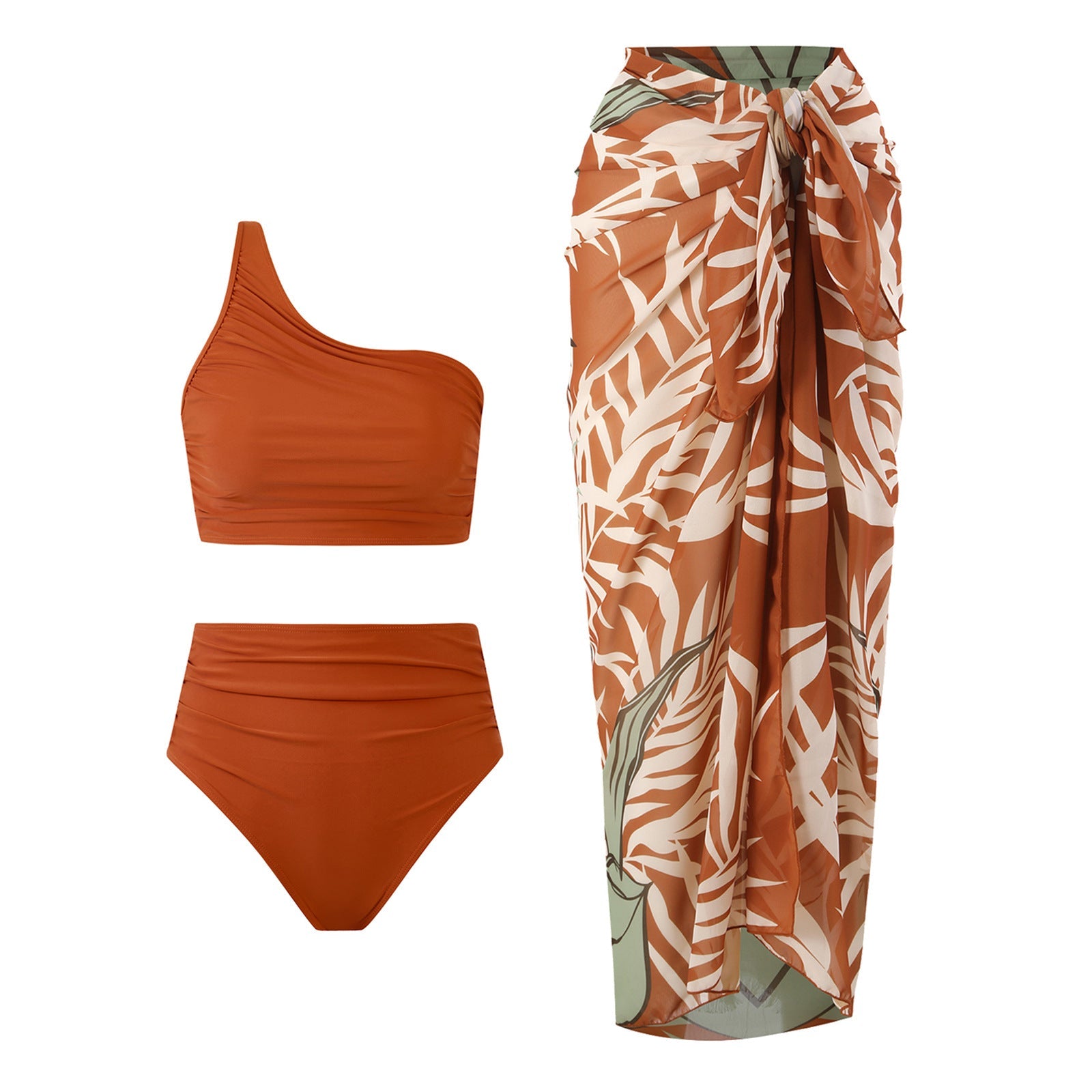 High Waist Ruched Bikini Set with Asymmetric Single Strap Design