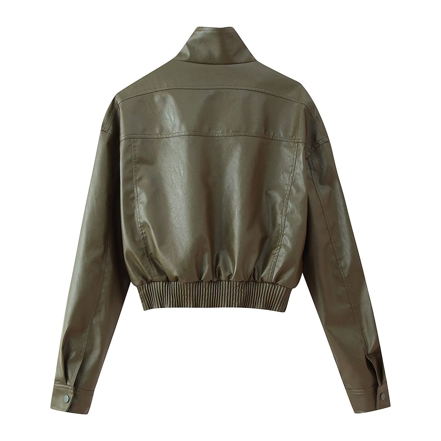 Women's Faux Leather Stand Collar Zip Bomber Jacket Black Olive - Image 3