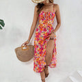 Women Clothing Casual Vacation Printed Dress Summer Square Collar Sling Slit Midi Dress
