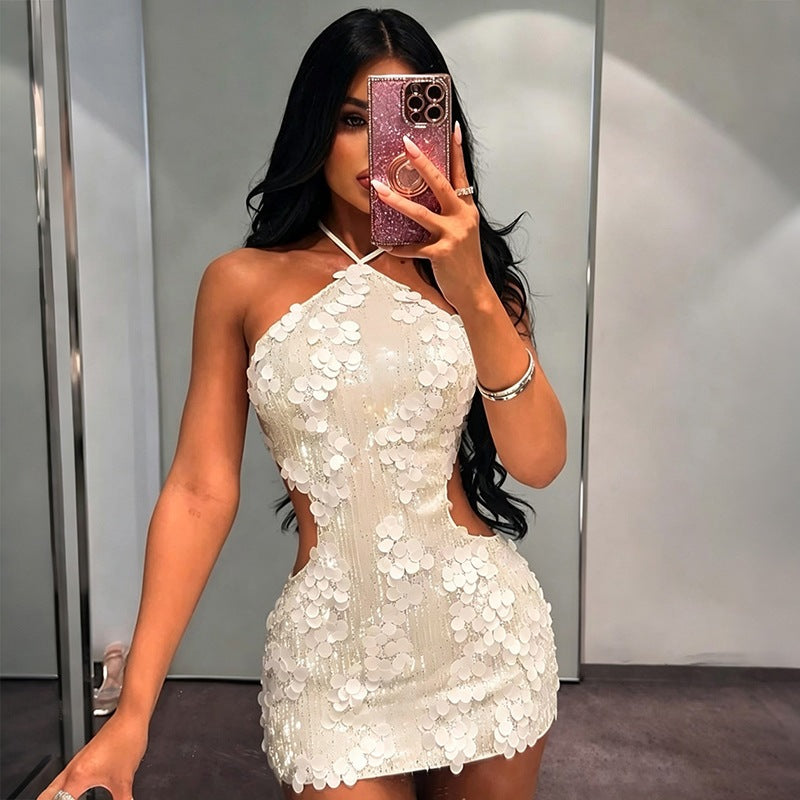 Summer Women Clothing Night Club Sexy Backless Halter Lace up Fashionable Sequ Sheath Dress
