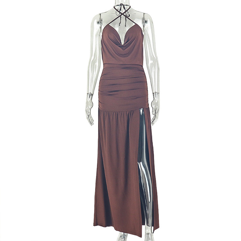 Deep V-Neck Asymmetric Wrapped Halter Dress with Split Hem