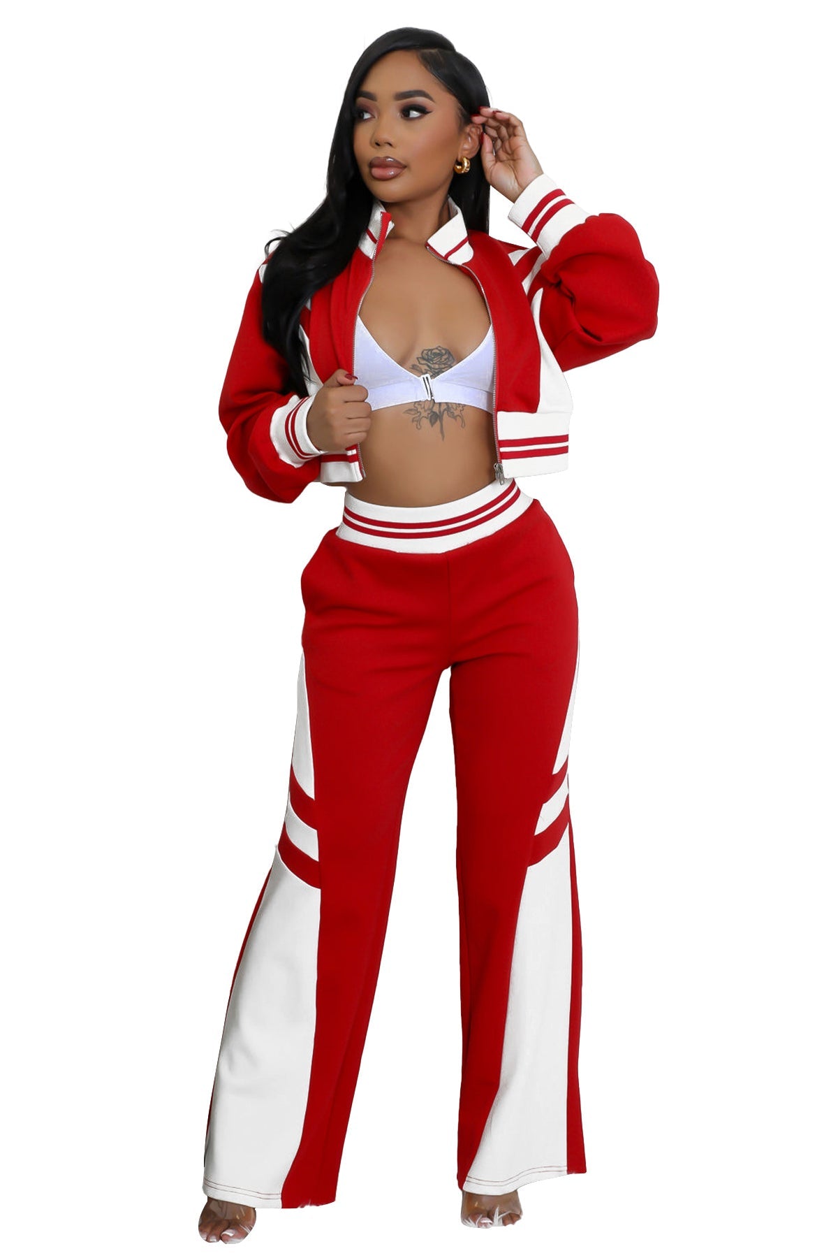 Women's Knit Two Piece Pant Set | Crop Zip Jacket & Wide Leg