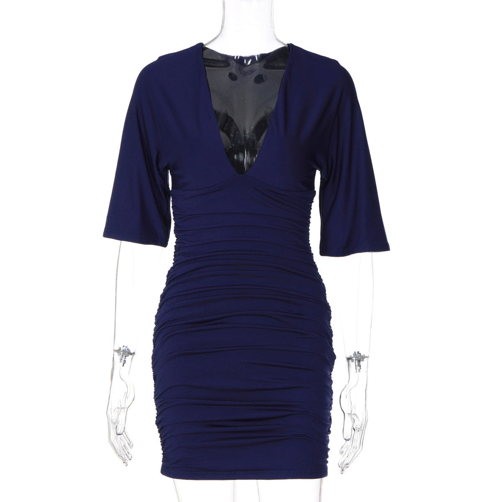 Women Sexy Low Cut Deep V Plunge neck Solid Color Pleated Waist Tight Slimming Sheath Dress