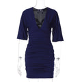 Women Sexy Low Cut Deep V Plunge neck Solid Color Pleated Waist Tight Slimming Sheath Dress