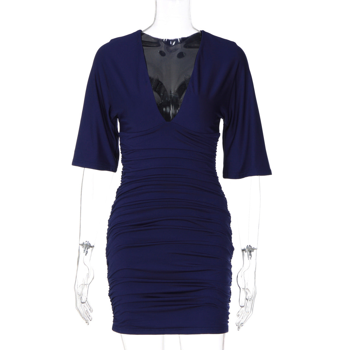 Women Sexy Low Cut Deep V Plunge neck Solid Color Pleated Waist Tight Slimming Sheath Dress