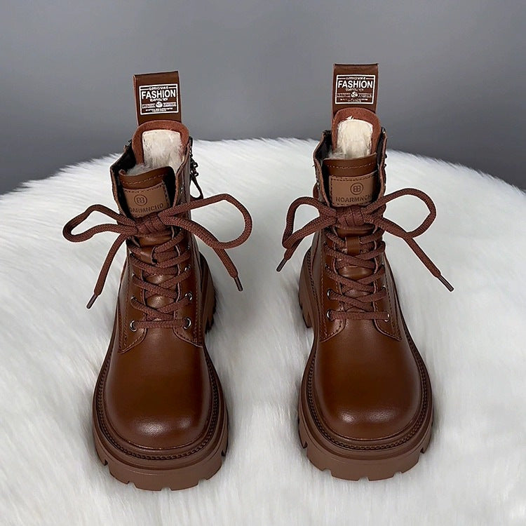 Women Fur Lined Platform Combat Boots Winter Black Ankle Boots - Image 5