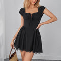 Summer Tencel Bamboo Lace Stitching Dress Dignified Goddess Hollow Out Cutout out Strap Waist Slimming A line Dress