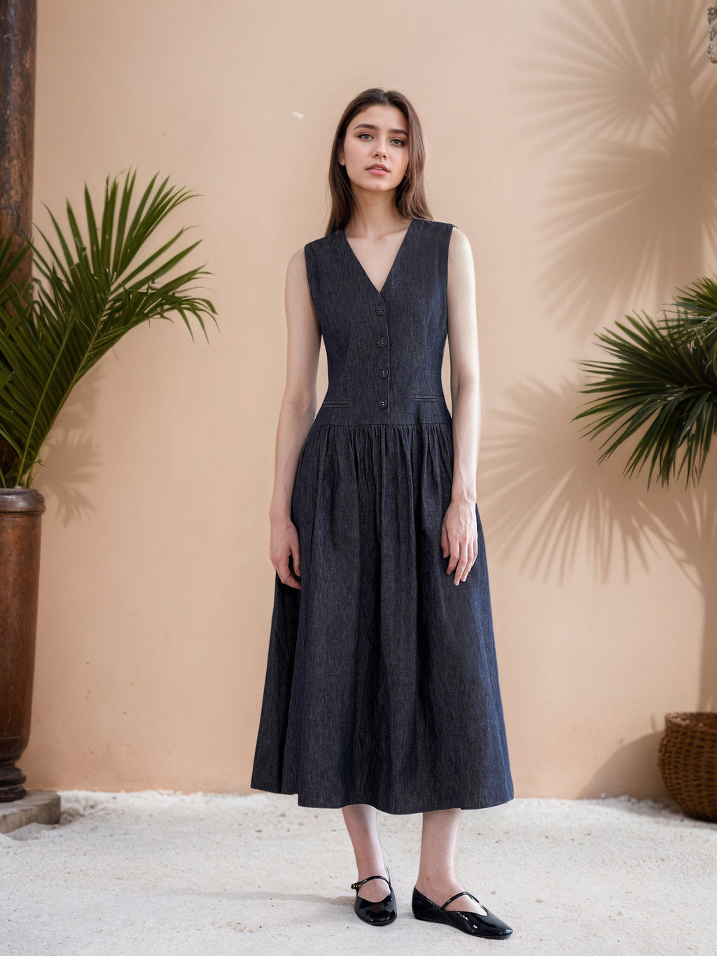 Summer Design V neck Pocket Midi Dress Simple Graceful Casual Loose Sleeveless Dress