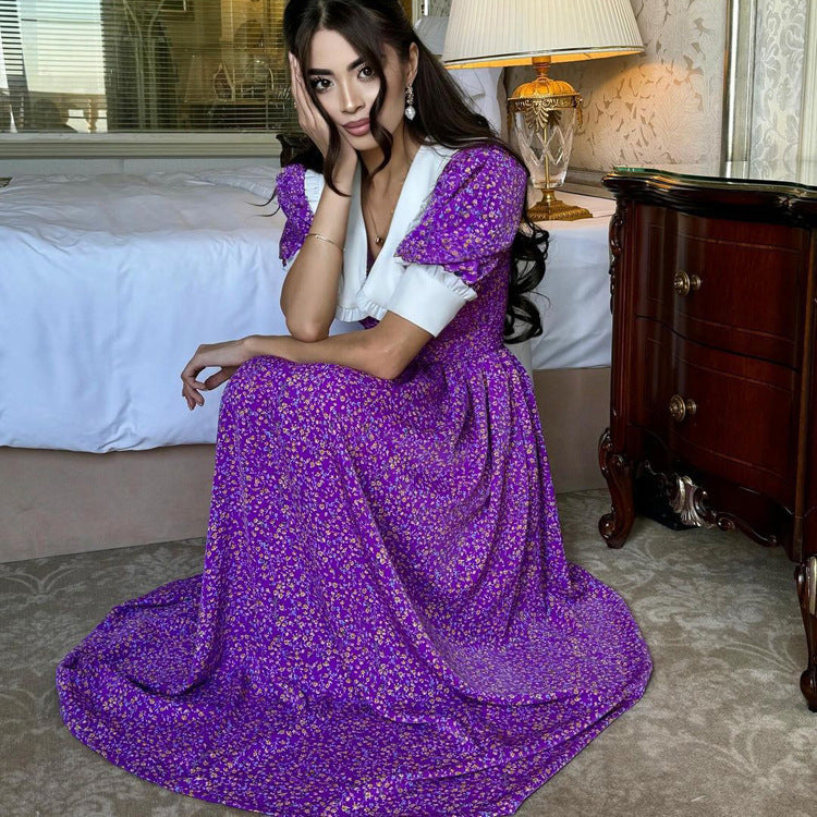 Women Clothing French Peter Pan Collar Short Sleeve Dress Purple Floral Tie Neck Slimming Dress
