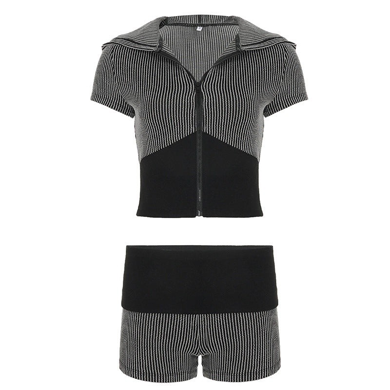 Sports Casual Black White Striped Contrast Color Zipper Knitting Suit Collared Zipper Cardigan Shorts Two Piece Sets Women