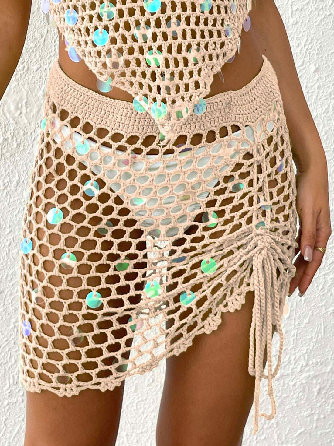 Asymmetric Crochet Beach Skirt with Sequin and Drawstring Detail