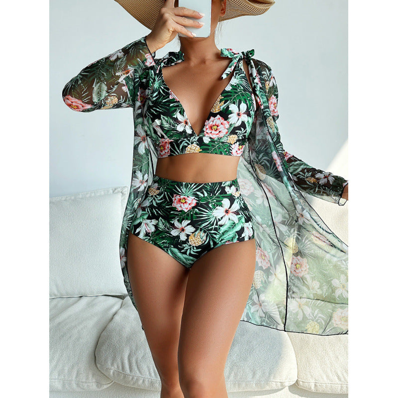 Floral Print 3-Piece Bikini Set with Tie-Front Long Sleeve Blouse