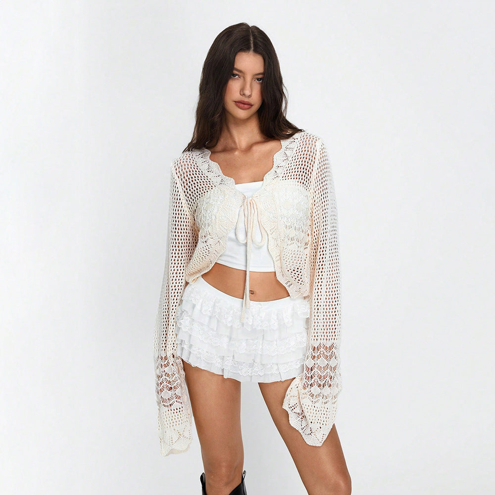 V-Neck Lace Up Cropped Knitted Sweater Long Sleeve Hollow Out Top