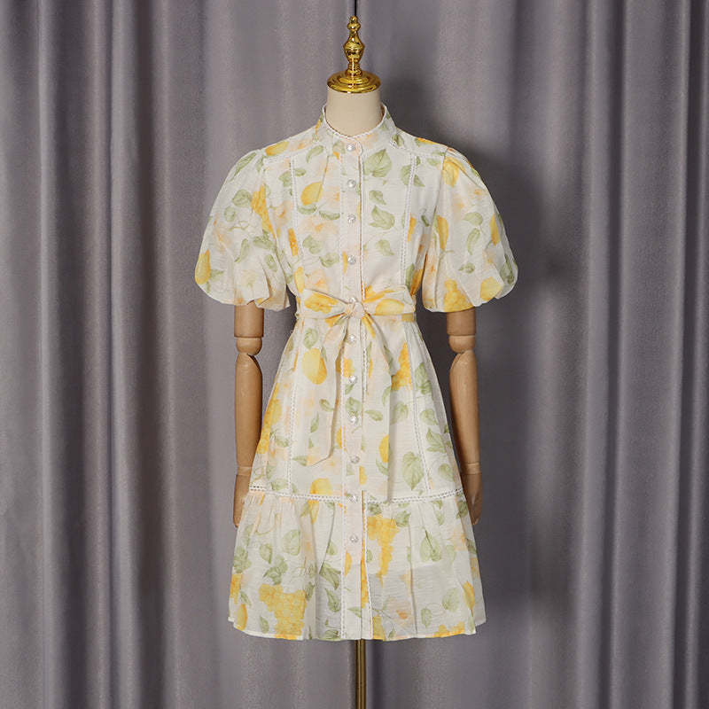 French Casual Printed Dress Small Stand Collar Single Breasted Puff Sleeve Lace up Cinched Short Dress Women