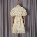 French Casual Printed Dress Small Stand Collar Single Breasted Puff Sleeve Lace up Cinched Short Dress Women