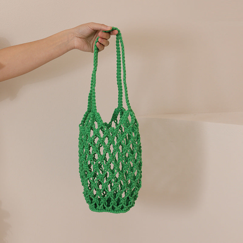 Woven Cotton Cutout Shoulder Bag Beach Fishing Net Style - Image 2