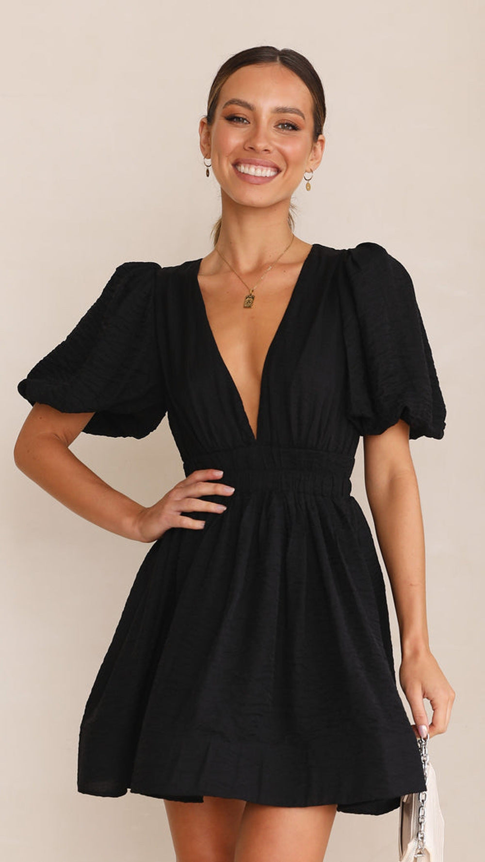 dress Sexy V neck Lantern Sleeve Waist-Tight Princess Dress Women Short Sleeve Dress