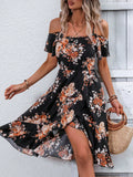 Women Clothing Summer Floral Print Slit Sling Dress