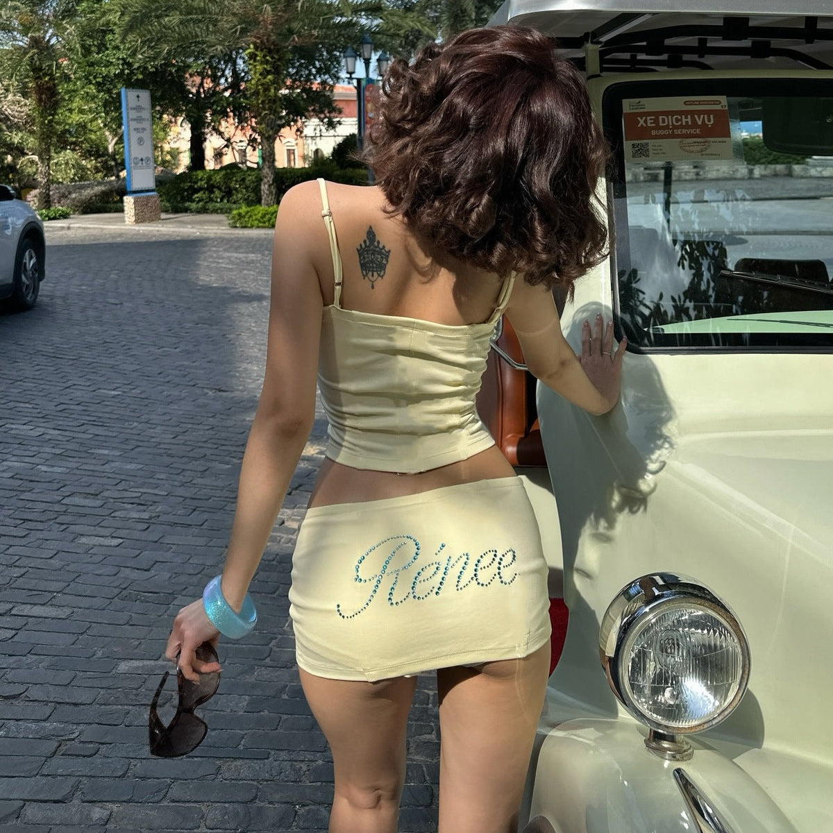 Women Clothing Summer Sexy Camisole Low Waist Printed Hip Skirt Set