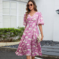 Summer Rayon V neck Tight Waist Seaside Vacation Large Swing Dress