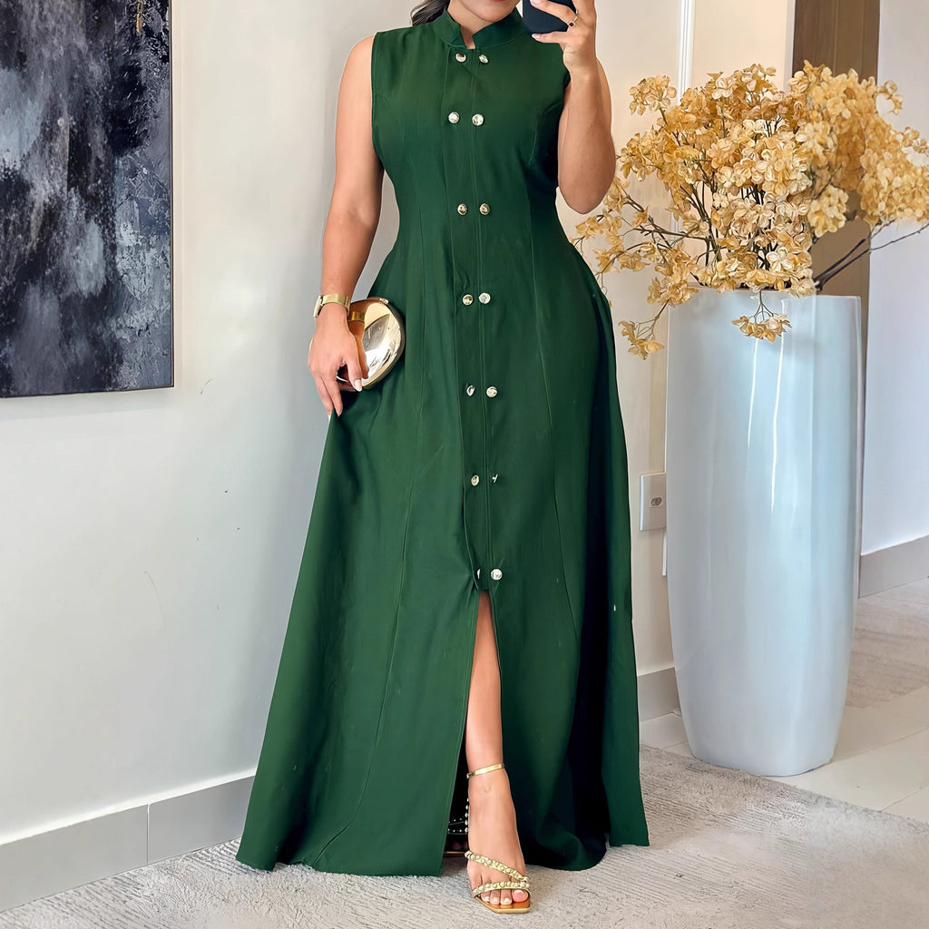 Women Solid Color Casual Elegant Graceful Sleeveless Button Waist A line Dress