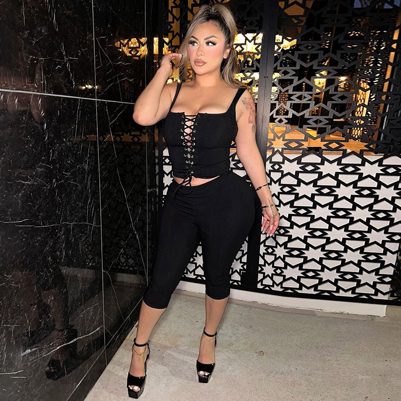 Women Clothing Summer Sexy Chest Strap Vest Slim Solid Color Shorts Two Piece Sets