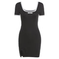 Summer Back Hollow Out Cutout Square Collar Split High Waist Slim Fit Hip Short Sleeve Dress