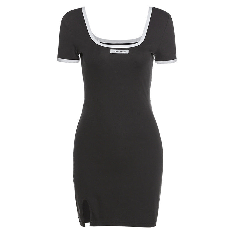 Summer Back Hollow Out Cutout Square Collar Split High Waist Slim Fit Hip Short Sleeve Dress