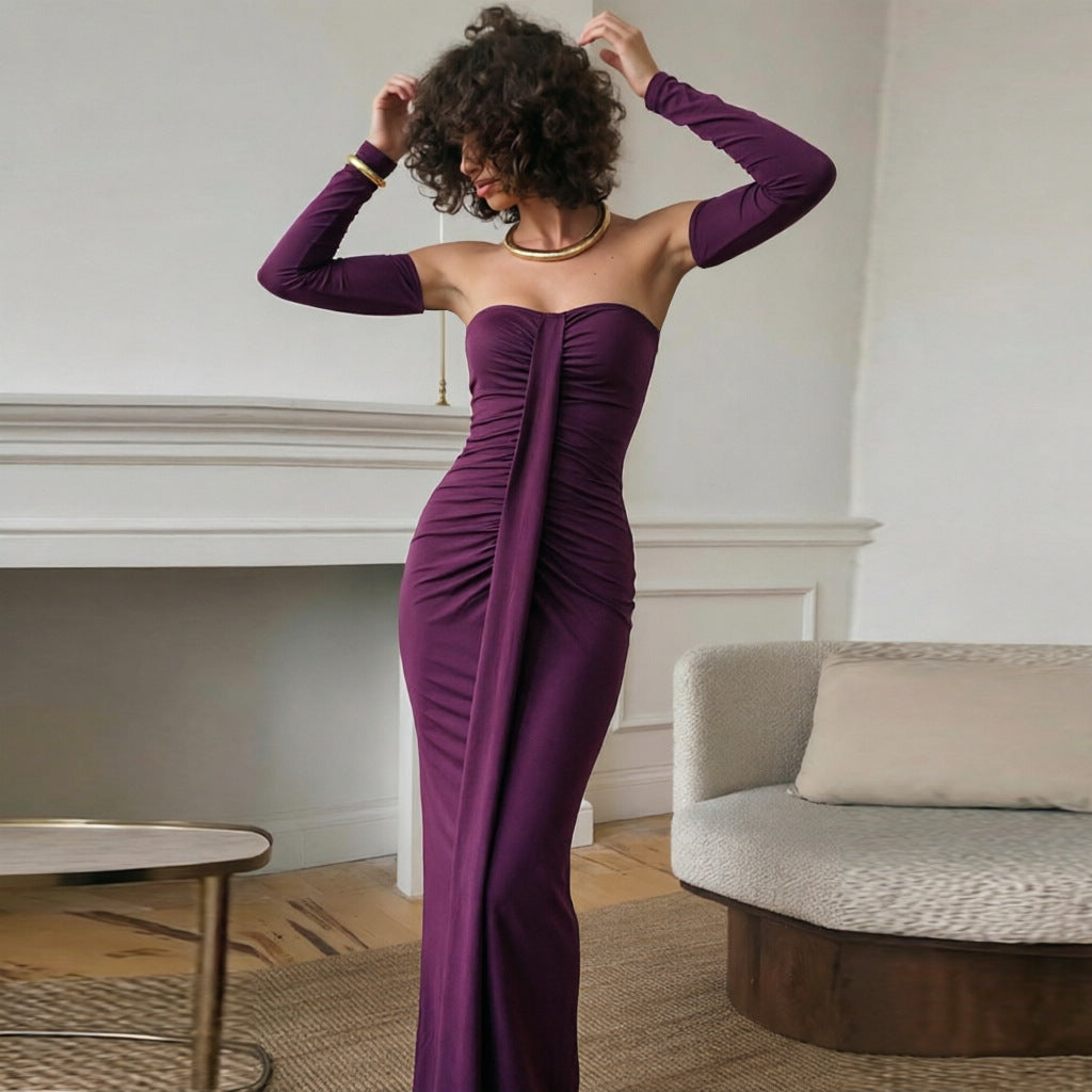 Women Clothing Autumn Wrapped Chest Pleated Slim Independent Sleeve Length Dress