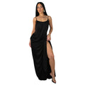 Women Sexy Suspender Twisted Waist Split Embellished Cocktail Solid Color Dress