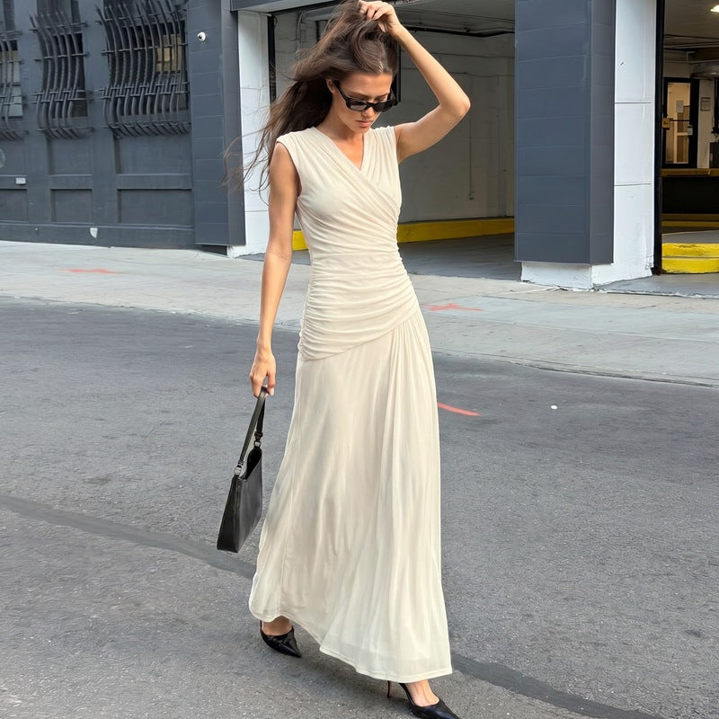French V neck Solid Color Maxi Dress Summer Waist Slimming Draping Effect Maxi Dress