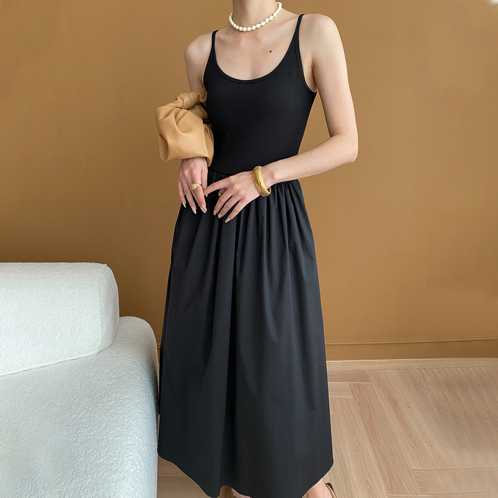 French Black High Grade Camisole Dress Summer High Waist Inner Wear A Line Dress Women