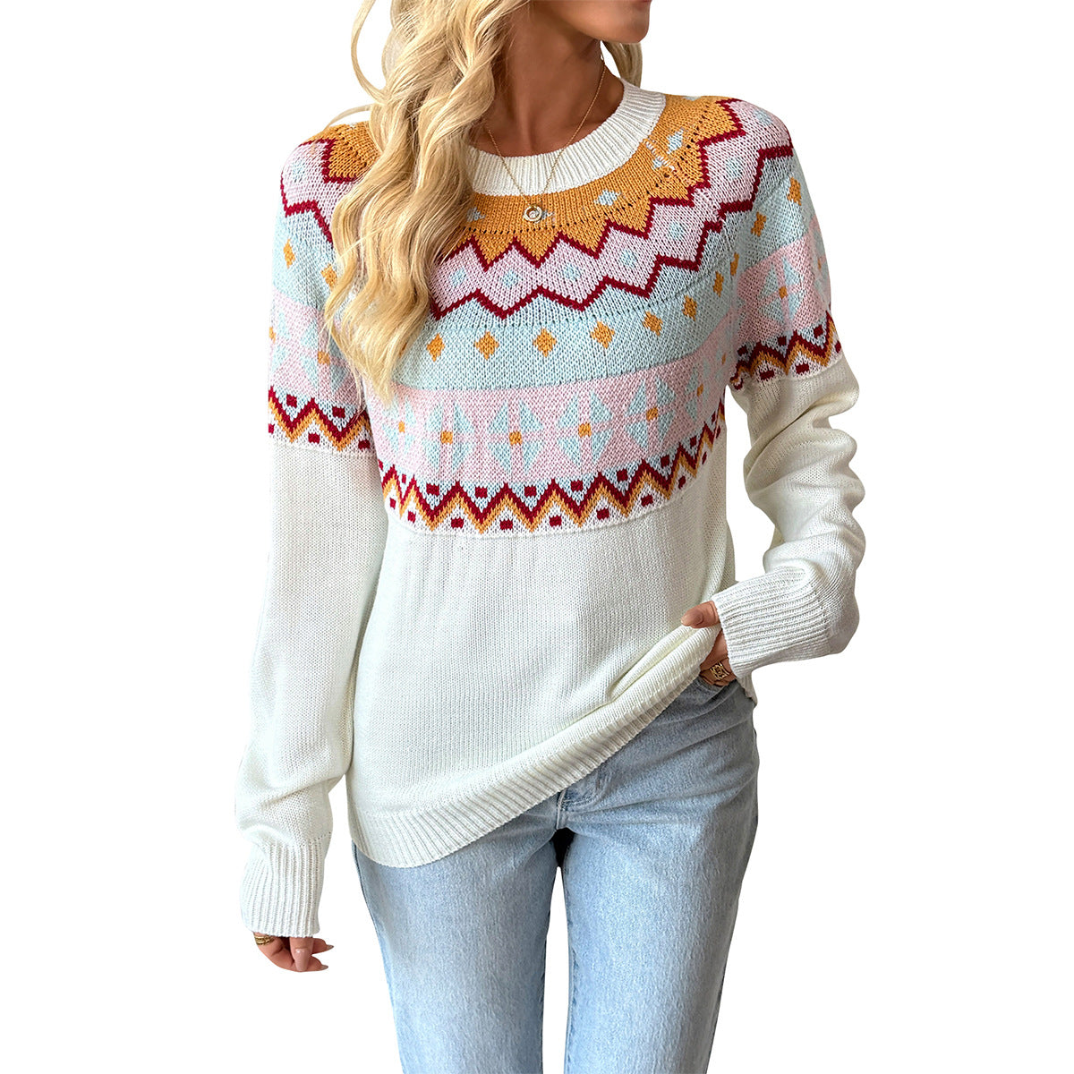 Autumn Winter Bottoming Shirt Casual Loose Contrast Color Jacquard Long Sleeve round Neck Sweaters Women Clothing