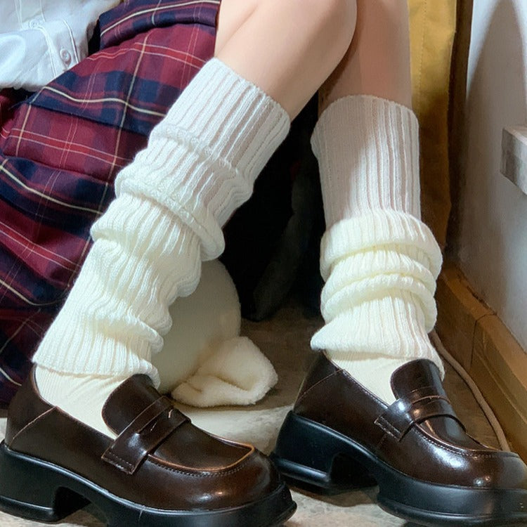 Women's Cream Knitted Ribbed Long Tube Calf Socks Leg Warmers - Image 2