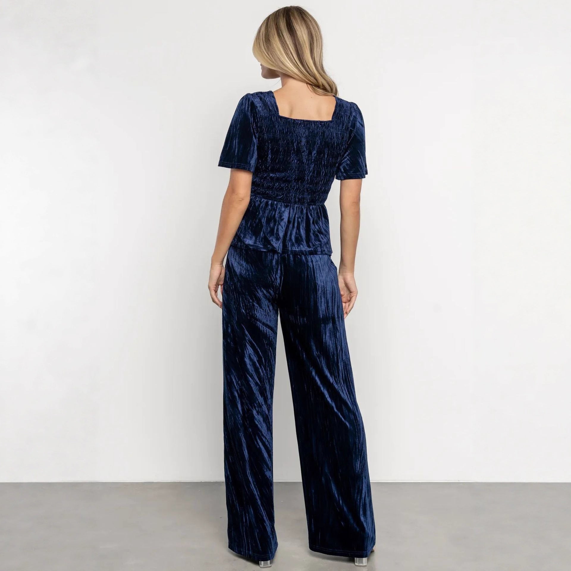 Velvet Women Solid Color Pleated Slim Casual Short Sleeved T shirt Pants Wide Leg Two Piece Set