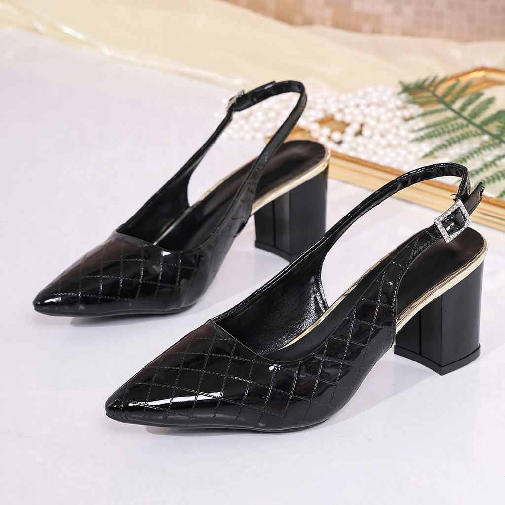 Summer Retro Pointed Office Sexy High Heel Toe Box Women Sandals Plaid Chunky Heel