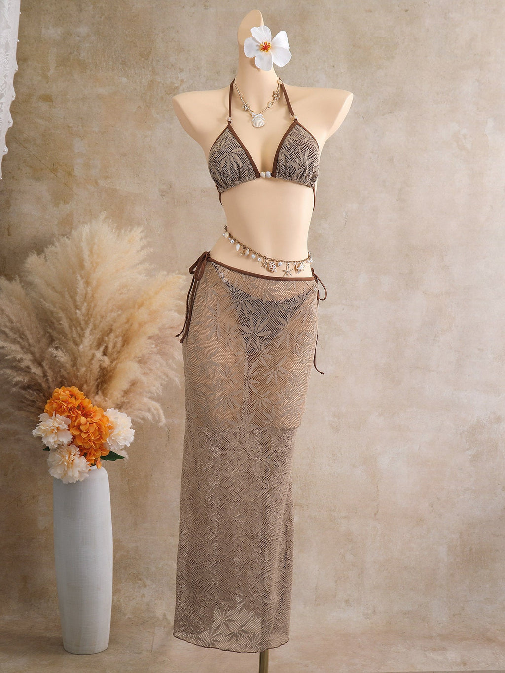 Leaf Drawstring Strap Dress Three Piece Set Swimwear Swimsuit Bikini