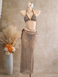 Leaf Drawstring Strap Dress Three Piece Set Swimwear Swimsuit Bikini
