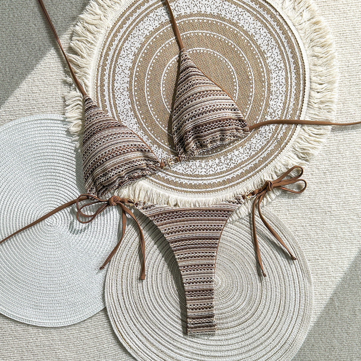 Striped Contrast Color Halter Bikini Set for Beach Vacation