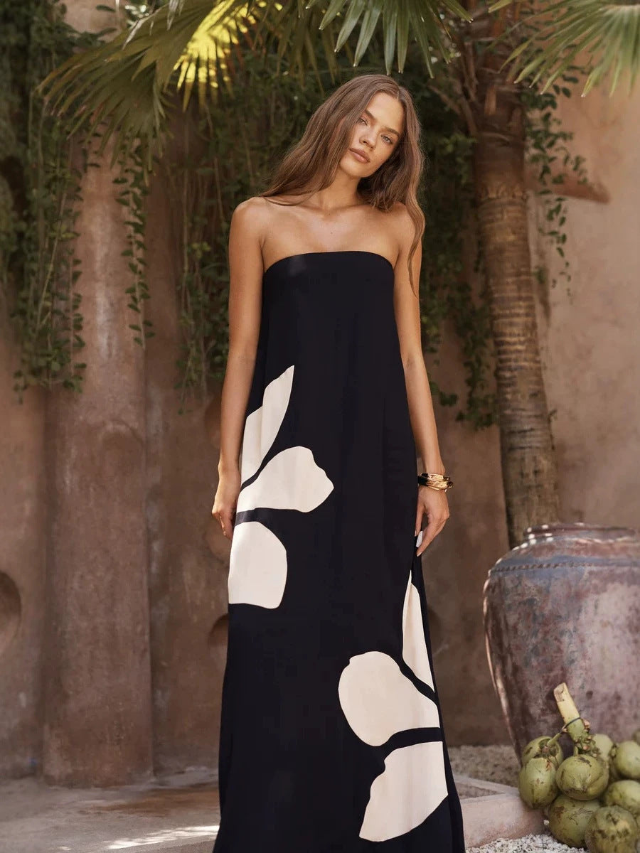 Dress Positioning Printing Wrapped Chest a Swing Maxi Dress Women Dress