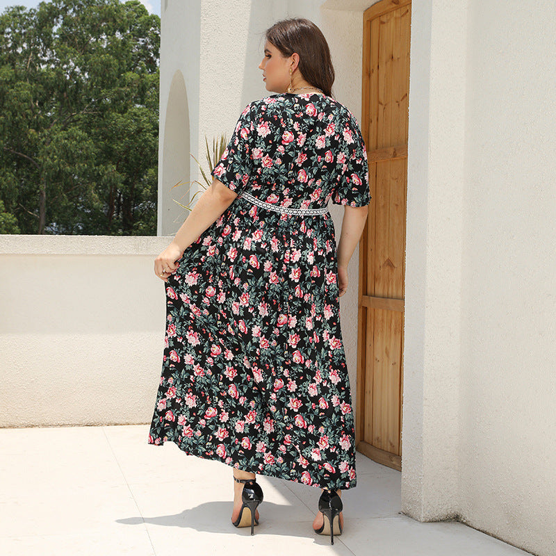Plus Size V neck Printed Dress Lace Stitching Loose Floral Dress Beach Vacation Beach Dress