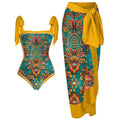 Two Piece Swimsuit Vintage Print Flab Hiding Slimming Sun Protective Beach Dress Swimsuit